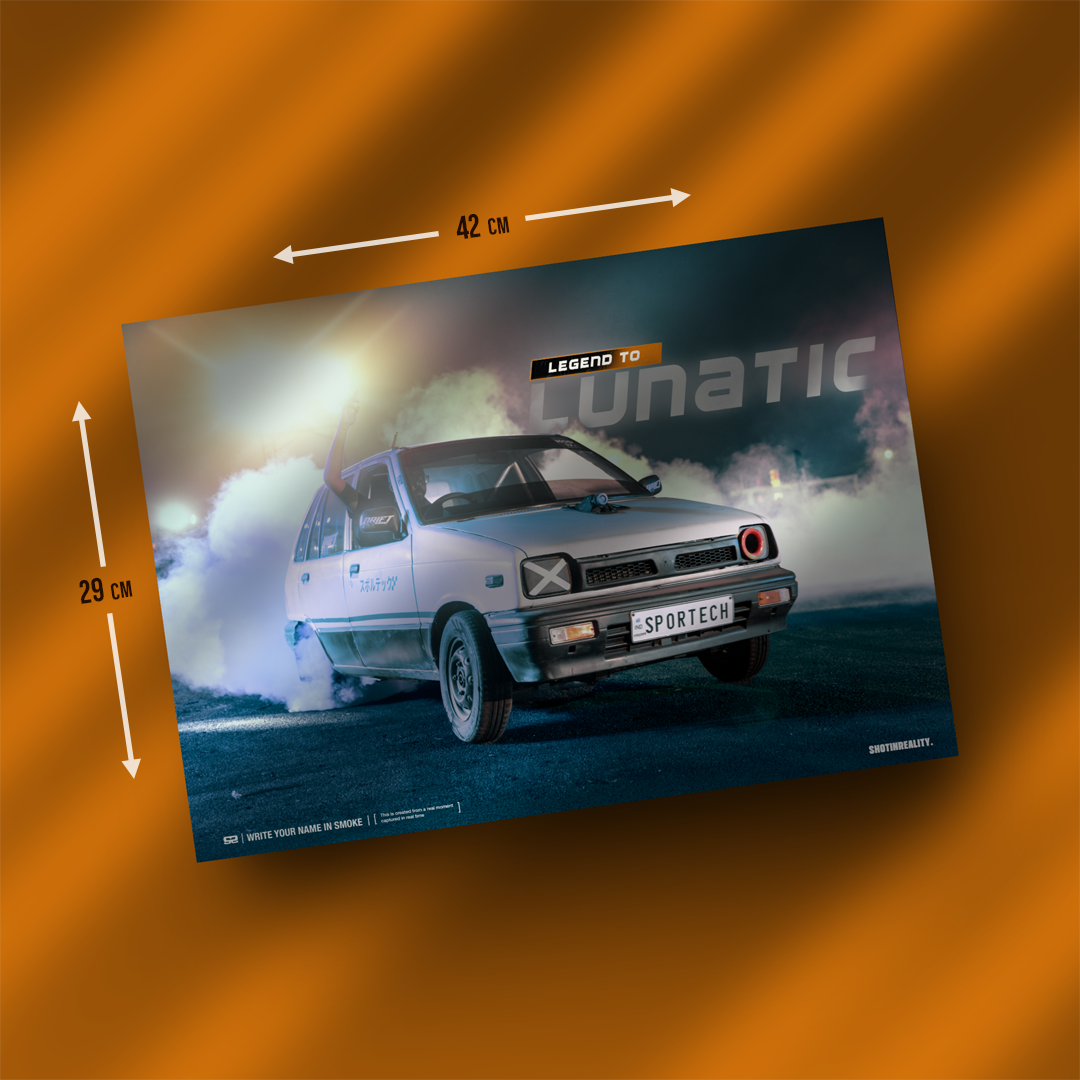 Maruti 800 burnout and donuts poster india — Shot In Reality
